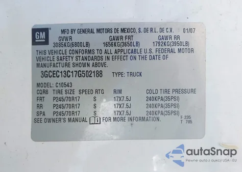 2007 Chevrolet Silverado 1500 Work Truck из США, поврежденный, VIN 3GCEC13C17G502188